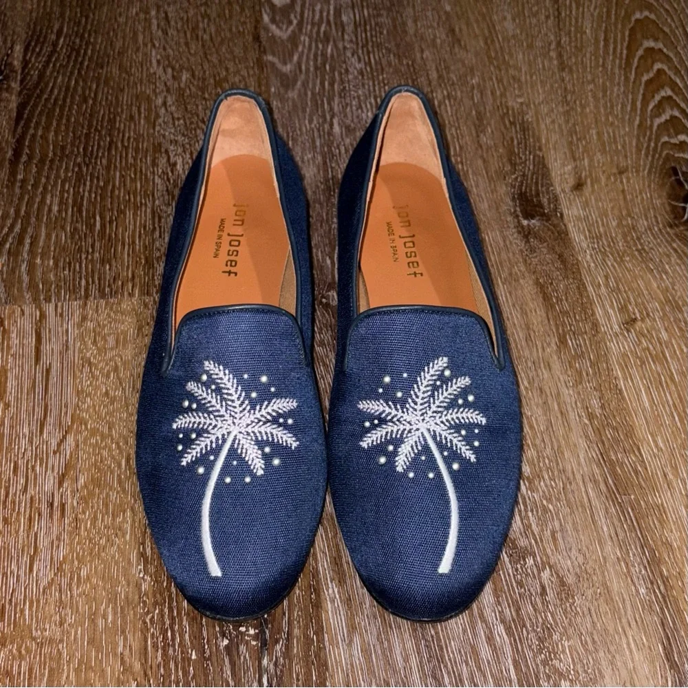 Jon Josef Spain Navy Palm Embellished Linen Loafer Slip On Size 7 Quiet Luxury